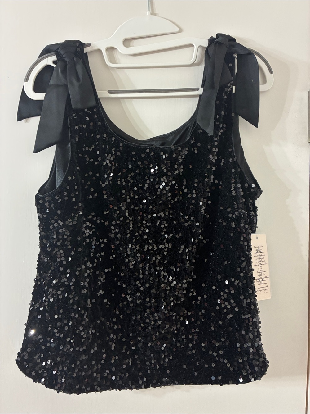 Black Sequin Tie-Shoulder Women's Tank Top
